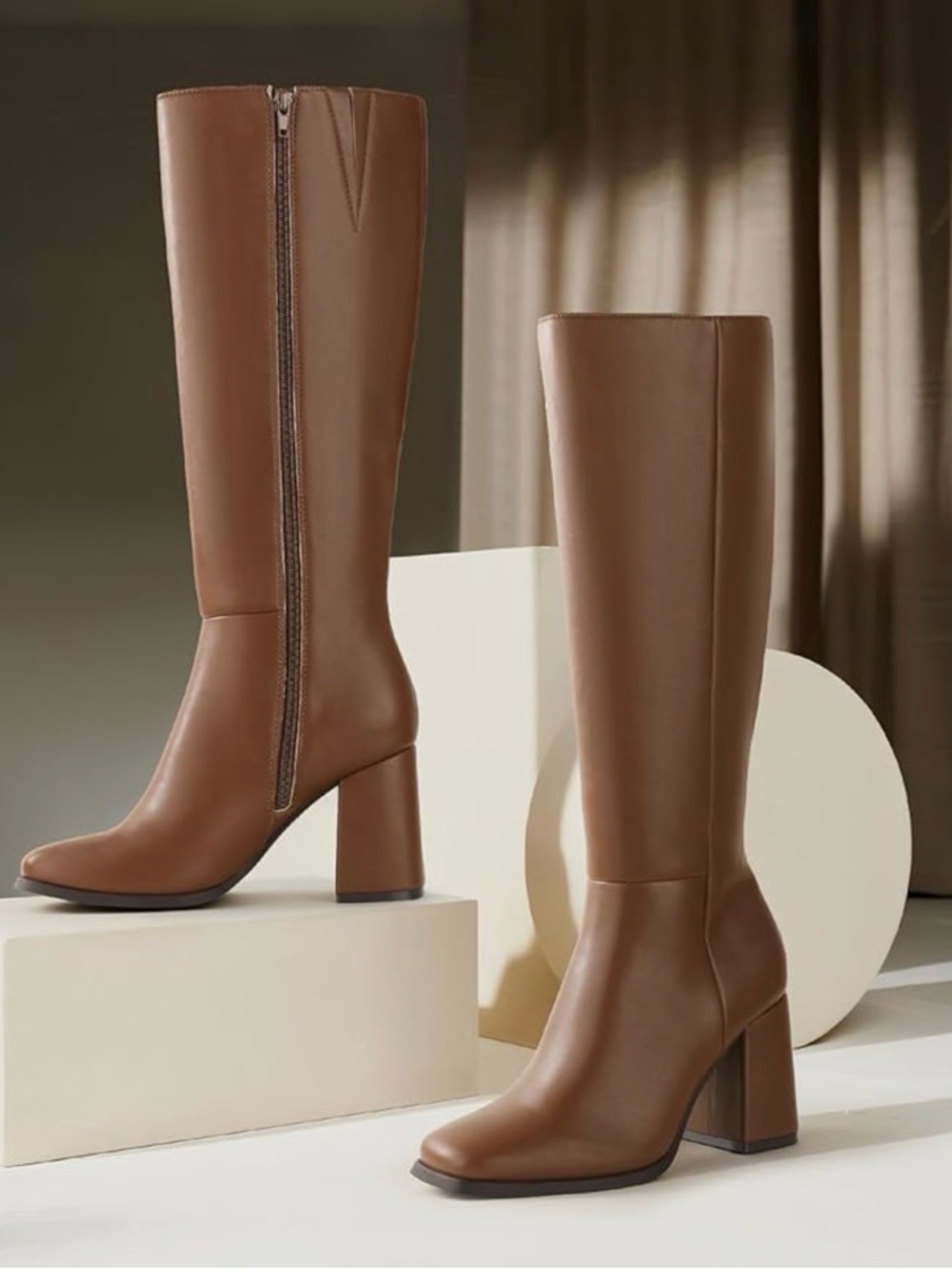 Tall Brown Leather Block Heel Boots - Women's Fashion